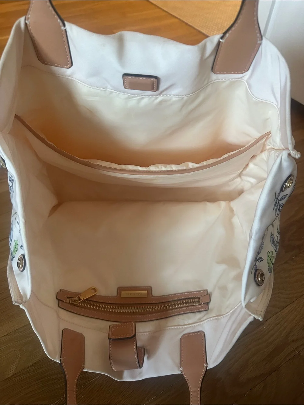 Cream Floral Tote with Tan Leather Accents